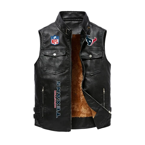 Houston Texans Fleece Leather Vest Thicken Vintage Sleeveless Jacket Gun Pockets Cover
