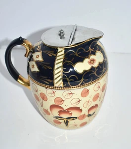 Antique Jug with Clarke's Patented Pewter Lid~7" Tall~Fruits Design~Gold Accents - Picture 1 of 12