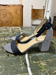CL Chinese Laundry Sandals 8.5 Blue White Stripe Block Heel Open Toe Nautical - Picture 1 of 7