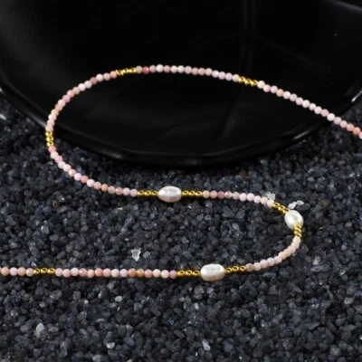 美丽粉红色蛋白石和珍珠刻面圆形宝石珠手工项链 18 英寸 — 第 1/4 张图片