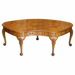 BURR WALNUT ANTIQUE VICTORIAN LION CLAW & BALL FEET KIDNEY LIBRARY TABLE DESK - Picture 1 of 12