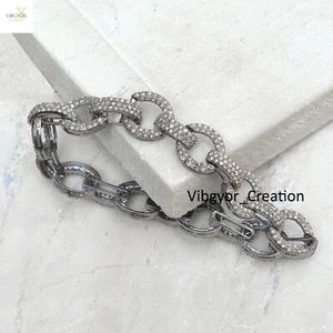 Genuine Pave Diamond Link Chain Bracelet 925 Sterling Silver Unisex Bracelet - Imagen 1 de 5