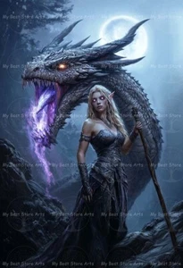 DRAGON SORCERESS ART PRINT, Magical Witchy Wall Decor, Gothic Poster, E760 - Picture 1 of 3