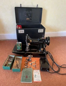 VINTAGE PAT TESTED SINGER ELECTRIC SEWING MACHINE 221K, INSTRUCTIONS, BOX, ETC, - Picture 1 of 13