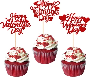 30 Pack Happy Valentine'S Day Cupcake Toppers Glitter Love Heart Cupcake Picks f - Picture 1 of 12