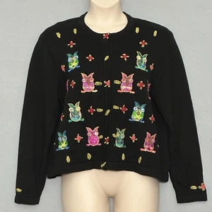 VTG Jack B Quick Womens Sweater XL Black Colorful Owls Beads Sequins Cardigan - Picture 1 of 12