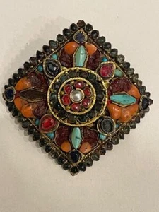 RARE 19th C TIBETAN BROACH PIN BUCKLE RUBIES EMERALDS SAPPHIRE TURQUOISE PEARLS - Picture 1 of 11