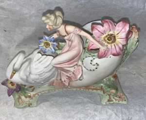Rare Bisque Women W Flowers Swan Planter Large Figurine Detailed Beautiful!  - Picture 1 of 10