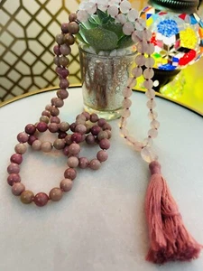 RHODONITE MALA ROSE QUARTZ LONG TASSEL NECKLACE TUMBLE GURU BEADS SILVER SPACERS - Picture 1 of 12