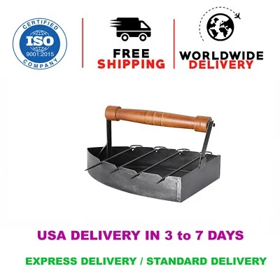 Antigua bandeja de metal para barbacoa de hierro con 4 pinchos de hierro y madera para bandeja para servir Foto 1 de 4