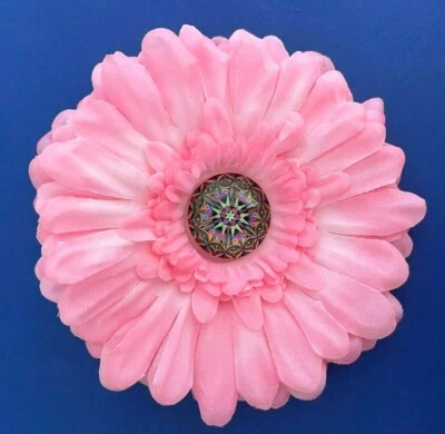 4.5" Pink Gerbera Daisy Silk Flower Hair Clip with Kalidescope Glass Cabochon  - Image 1 of 2