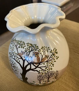 Satsuki Owls in Trees Cream & Brown Vase 6.5”x4” Asian Boho GrannyCore - Picture 1 of 7
