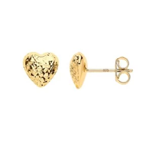 9K Gold Heart Earrings. Dainty Gold Puffed Diamond Cut Earring. Gift for Women - Picture 1 of 10