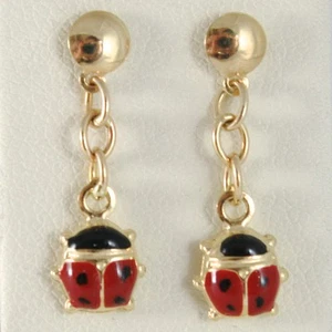 ORECCHINI BIMBA IN ORO GIALLO 750 18K PENDENTI, COCCINELLA SMALTATA, LUNGHI 2 CM - Foto 1 di 8