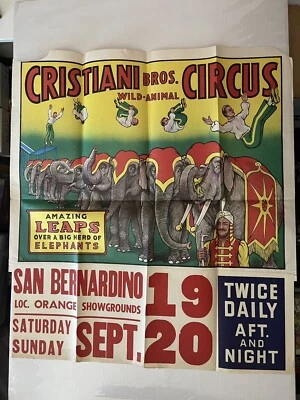 Vintage 1958 Original Cristiani Bros CIRCUS POSTER Acrobats Elephants 27.5 x 30" - Image 1 of 4