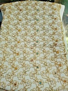 Ivory Gold iridescent beaded embroidered lace With Bright Stones Different Color - Picture 1 of 10