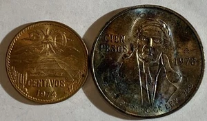 1978 MEXICO 100 PESO UNC SILVER COIN AND 1974 OF 20 CENTAVOS UNC - Picture 1 of 2