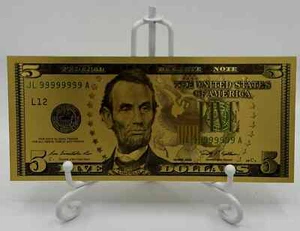$5 Five Dollar Lincoln Bill Gold Banknote - Free Shipping - Novelty Collectable - Picture 1 of 2