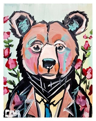 PINTURA ORIGINAL CORBÉLICA 14X11 OSO ROSA IMPRESIONISMO LIENZO ARTE INTERIOR Foto 1 de 4