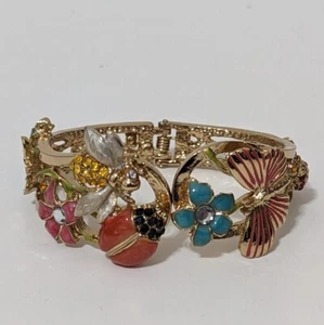 Coldwater Creek Gold Floral Butterfly Beatle Rhinestone Boho Cuff Bracelet - Picture 1 of 9