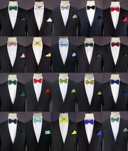 MENS BOW TIE AND POCKET SQUARE handkerchief hanky necktie CHOOSE COLOUR - Picture 1 of 71