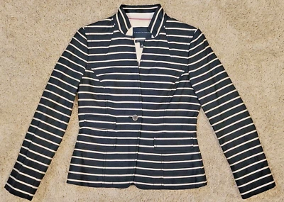 Блейзер женский Banana Republic размер 4 темно-синий с полосой цвета слоновой кости итальянский лен - Изображение 1 из 4