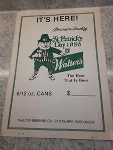 Cartel Walter's Beer 1986 Día de San Patricio Eau Claire WI 17" X 12" - Imagen 1 de 11