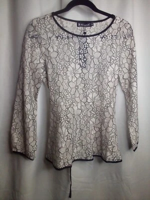 Allegra K Blouse S Long Sleeve Sheer Lace Floral White Black - Image 1 of 4