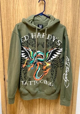 Sudadera con Capucha Ed Hardy Para Hombre Mediana Verde Dragón Tatuaje Ambos Lados Pullover Sudadera Foto 1 de 4