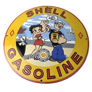 Vintage Shell Gasoline Schild - Betty Boop Popeye Gas Oil Pump Porzellanschild - Bild 1 von 14