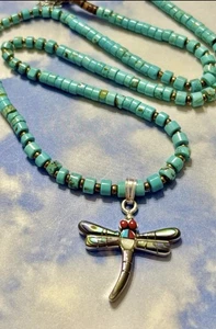"Collar Navajo Turquesa Libélula 925 Rostro Sol Ojos Coral Plata Esterlina 23""" - Imagen 1 de 3