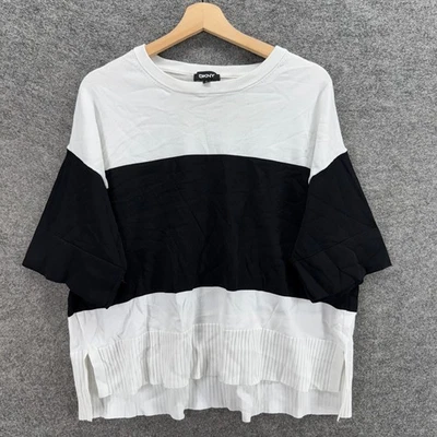 DKNY Sweater Pullover Women M Medium White Striped 3/4 Sleeve Knit Round Neck - Image 1 of 4