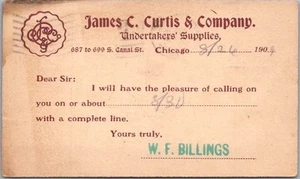 Postal publicitaria de Chicago 1904 James C. Curtis & Co. suministros para enterradores - Imagen 1 de 2