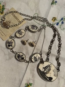 VTG Scrimshaw Jewelry Set Fine Sterling Silver Bracelet Necklace Earrings Art - Picture 1 of 12