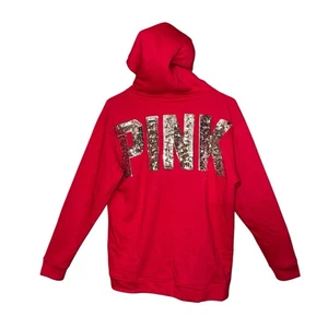 PINK by Victorias Secret Hoodie rot Pailletten Glitzer XS Fleece Sherpa Glitzer Glam - Bild 1 von 4