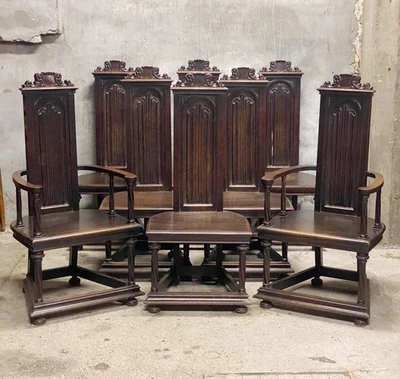 LLEGA MAR 2026: Juego de 8 sillas y sillones de comedor góticos antiguos de caoba Foto 1 de 4