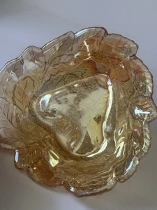 VTG Indiana Iridescent Amber Carnival Glass Loganberry Leaf Candy Dish Bowl 7” - Picture 1 of 11