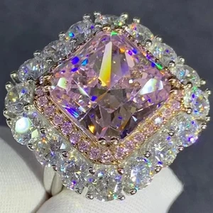 Halo Wedding Ring Princess Cut Lab Created Pink Sapphire 14k White Gold Over 3Ct - Picture 1 of 1