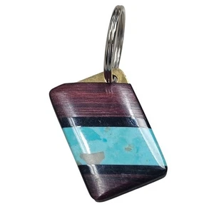 Southwestern Inlay Schlüsselanhänger (Faux?) Türkis Holz Messing Metall Ring - Bild 1 von 3