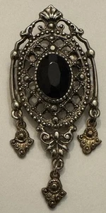 1928 Brooch Victorian Art Deco Revival Filigree Dangle Black Cabochon Mourning - Picture 1 of 2