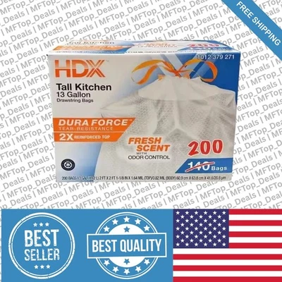 13 галлонов высоких кухонных мешков для мусора со свежим ароматом на шнурке, 200 штук - Изображение 1 из 4