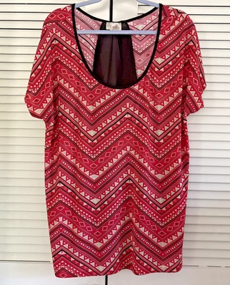 Lavish Plus Top Womens 2X Short Sleeve Red Black Round Neck Vintage Boho - Image 1 of 4