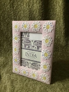 Handcrafted in India Rectangular Pink W/Flowers Picture Frame Fits 4’’x 6’’ - Picture 1 of 4