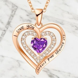 New 18K Rose Gold Plated Sterling Silver Double Heart Feb. Birthstone Necklace - Bild 1 von 10