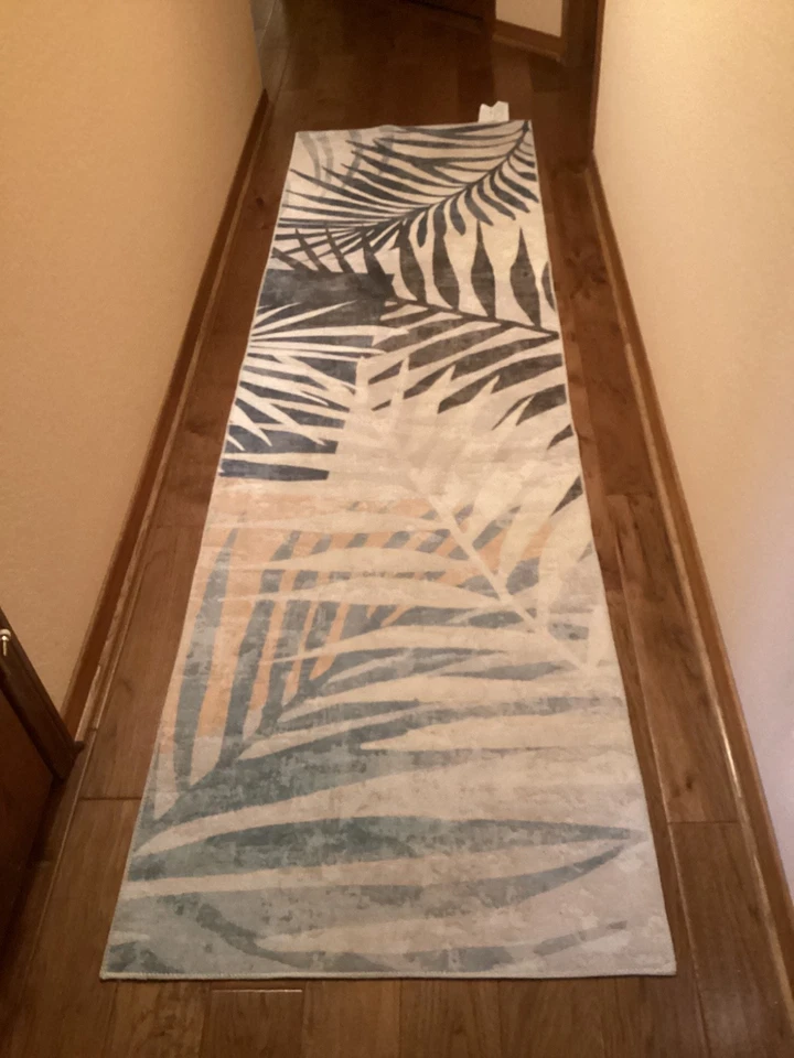 DECOMALL Jasmine Lo-Pile Blue Palm Leaf Runner Rug 2.5’x9’ Washable Non-Slip - Image 1 of 4