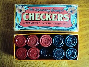 Vintage - Embossing Company’s Enameled Interlocking Wood Checkers w Box