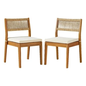 Barton Set of 2 Natural Wood Stackable Outdoor Dining Chairs with Cushions - Picture 1 of 10
