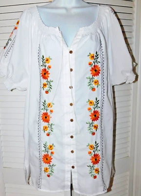 Blusa corta Slv Mainstreet Blues talla 1X multicolor blanca bordada para mujer Foto 1 de 4