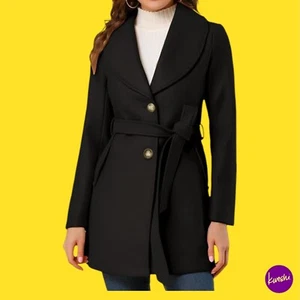 ALLEGRA K Women's Single Breasted Belted Midi Winter Coat, Black, UK 14 - Picture 1 of 8