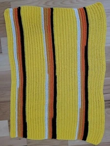 Handmade Knit Throw Lap or Baby Blanket MCM Retro Stripes Yellow 70s Boho - Picture 1 of 6